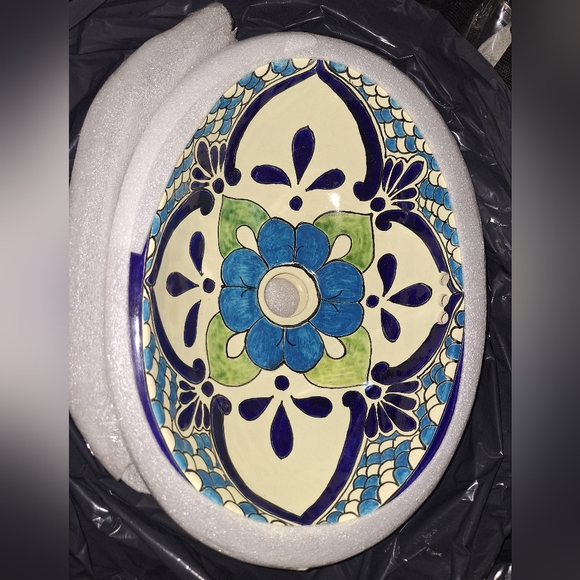 Elegant Ceramic Art Oval Face Basin with Blue and Green Motif.nwb
